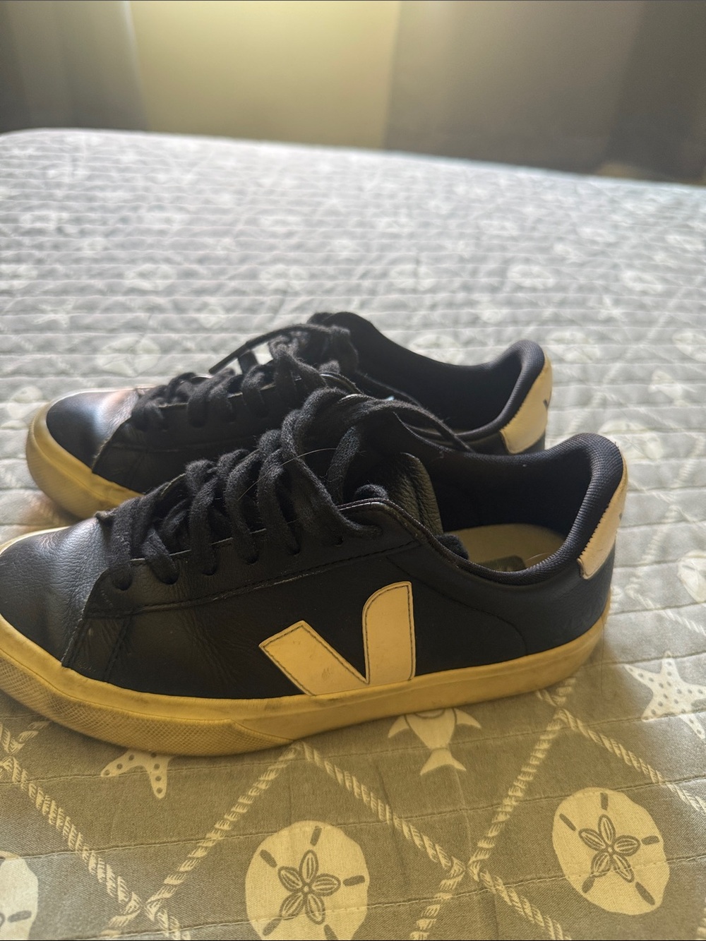 Veja Black Leather Sneakers with Cream Accents
